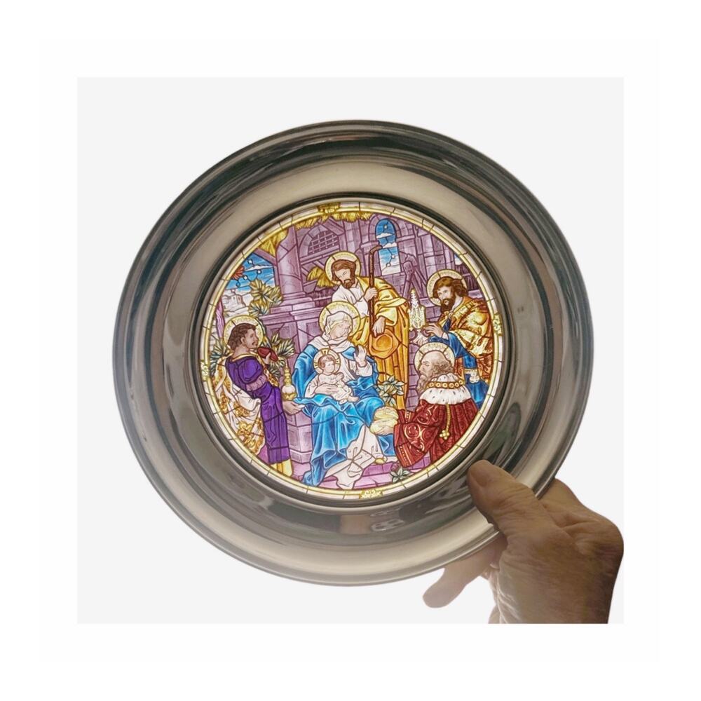 Vintage Hand Made Stained Glass Pewter Nativity Plate